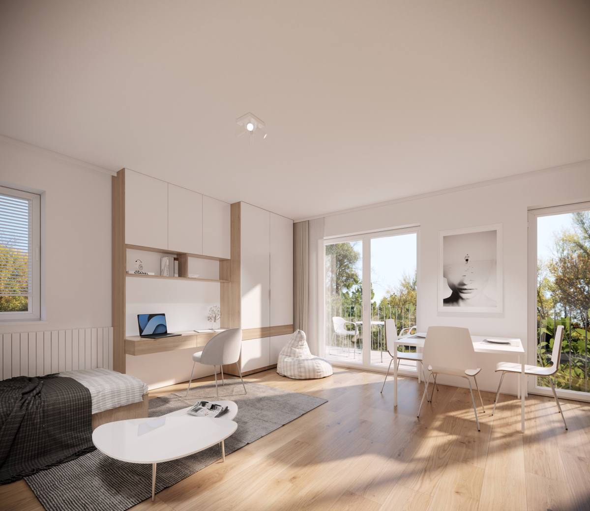 Studentenapartment mit Bett, Schreibtisch und Fenstertür