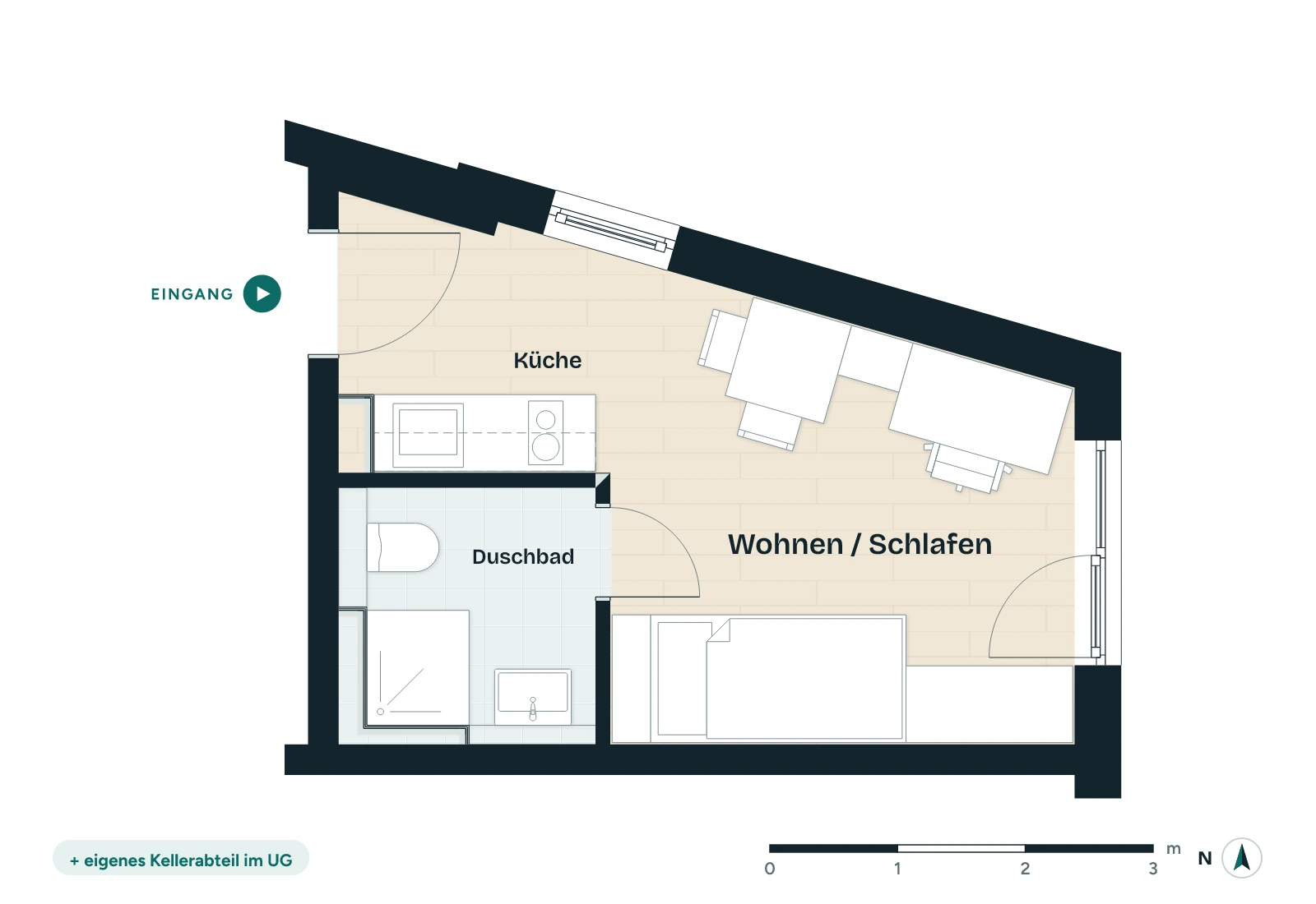 Grundriss Apartment 3, 19 m², mit Küchenzeile, Duschbad, Bett und Schreibtisch