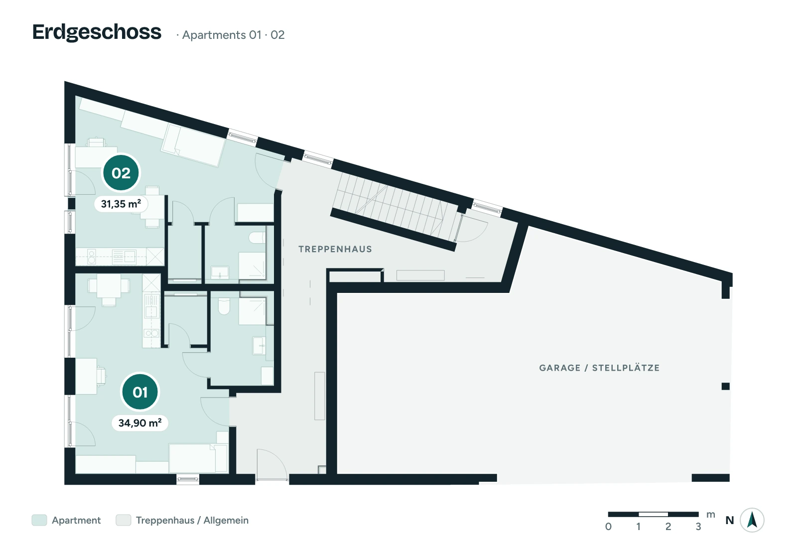 Ground floor plan with apartments 1 and 2